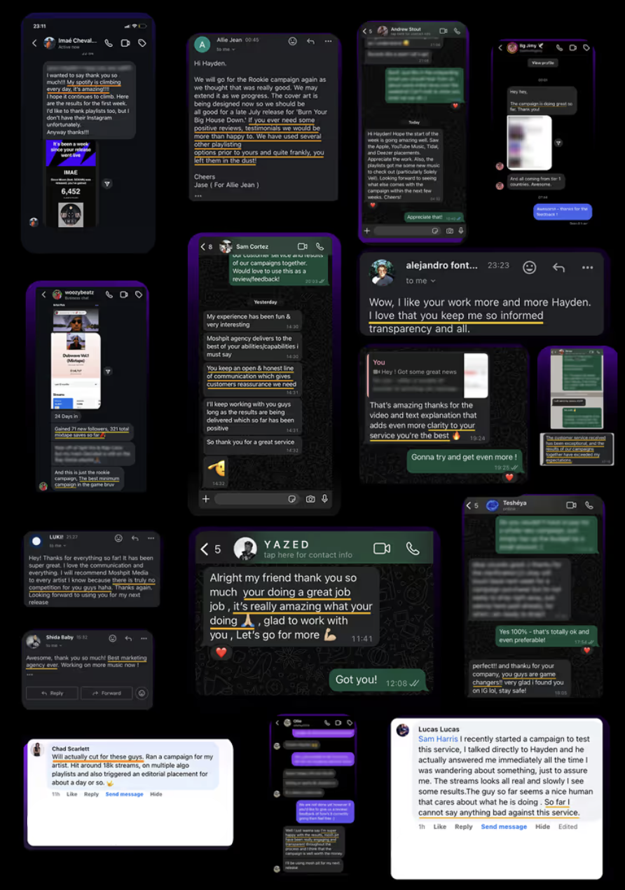 Testimonios reales de clientes y conversaciones de WhatsApp mostrando campañas exitosas de promoción musical